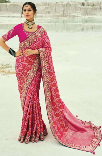 Cherry Pink Pure Georgette Bandhej Designer Saree