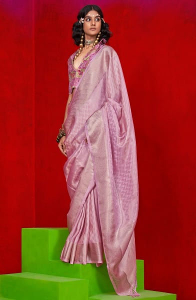 Cherry Pink Pure Viscose Zari Tissue Silk Saree