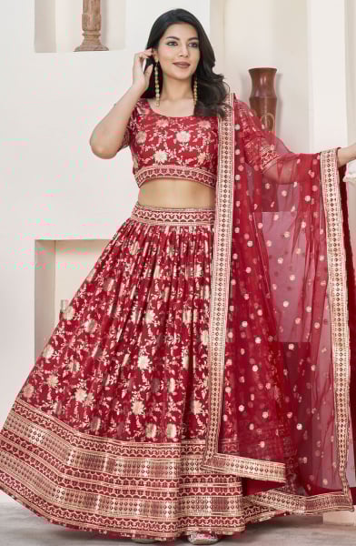Cherry Red Dola Jacquard Lehenga Choli with Net Dupatta