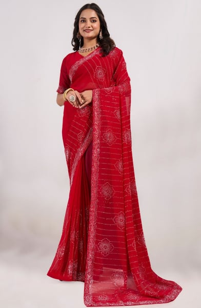 Cherry Red Embellished Faux Georgette Saree