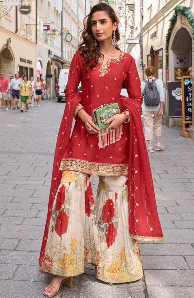 Cherry Red Embroidered Chinnon Designer Sarara Kameez