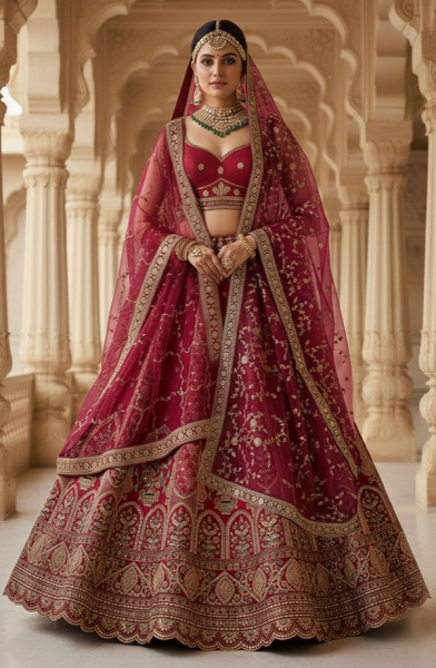 Cherry Red Embroidered Gadhwal Silk Bridal Lehenga Set