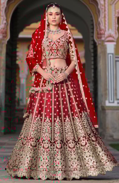 Cherry Red Embroidered Net Bridal Lehenga Choli