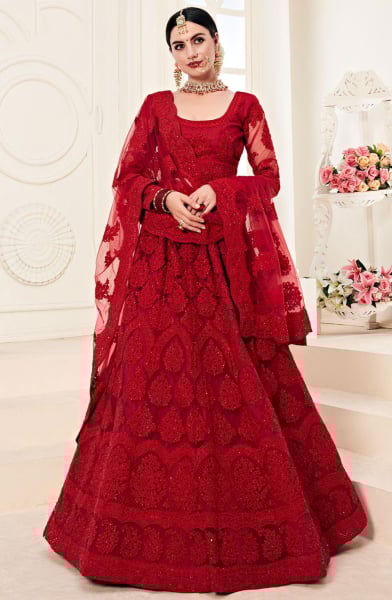 Cherry Red Embroidered Net Designer Bridal Lehenga Choli