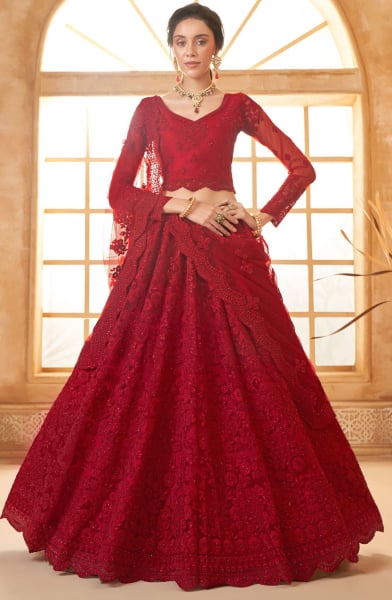 Cherry Red Embroidered Net Designer Lehenga Choli