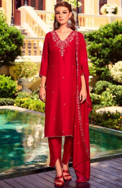 Cherry Red Embroidered Shimmer Silk Pant Kameez