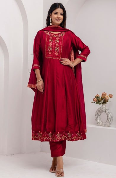 Cherry Red Embroidered Silk A-Line Suit