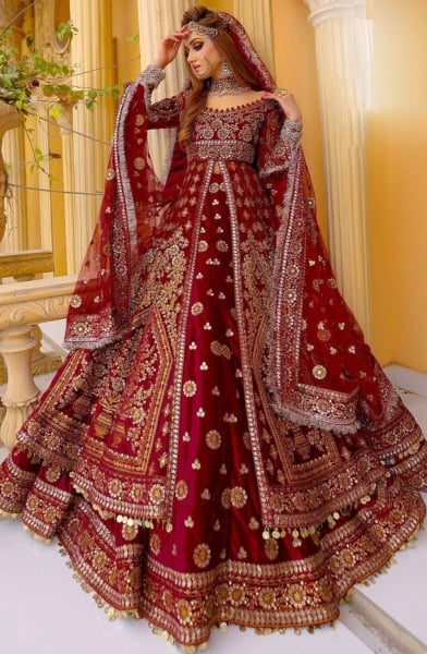 Cherry Red Embroidered Velvet Bridal Lehenga Kameez