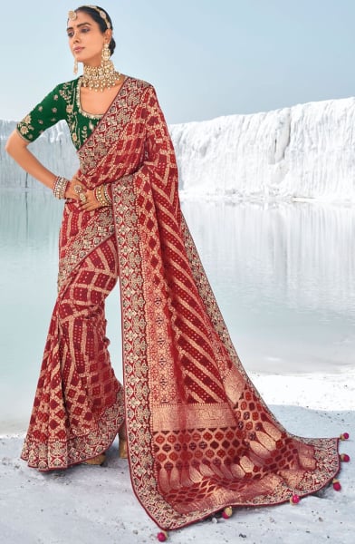 Cherry Red Hand Embroidered Georgette Designer Saree for Wedding