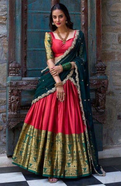 Cherry Red Narayan Pattu Lehenga Choli for Ceremonial