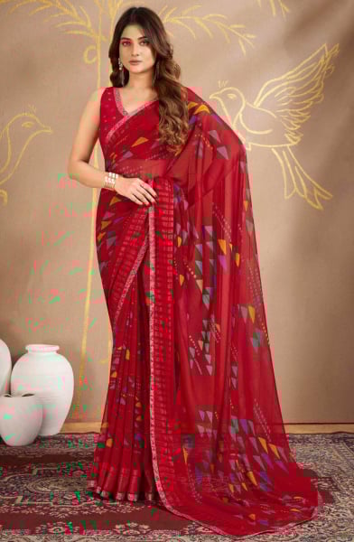Cherry Red Printed Casual Georgette Saree