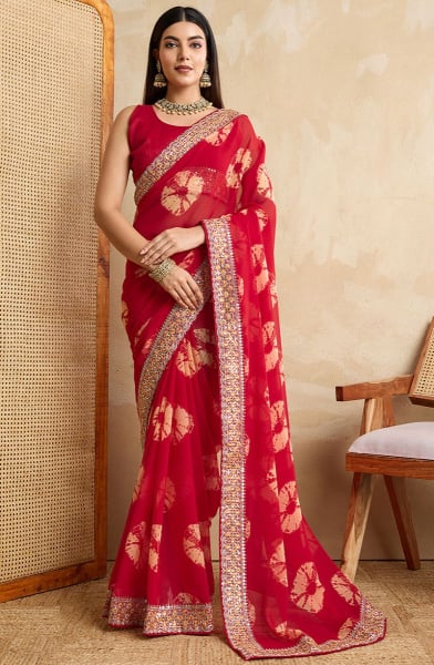 Cherry Red Printed Georgette Saree