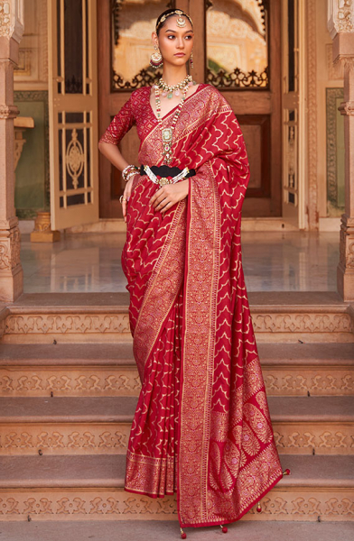 Cherry Red Woven Soft Silk Saree