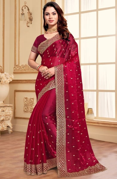 Cherry Red Zari Embroidered Burberry Silk Saree