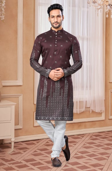 Chocklate Brown Silk Embroidered Kurta Set