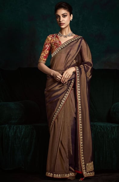 Chocolate Brown Embroidered Designer Saree for Wedding