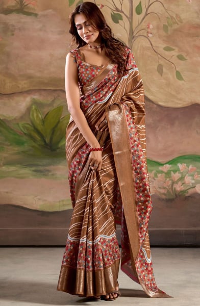 Chocolate Brown Printed Dola Silk Saree