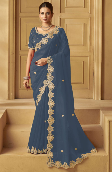 Cloud Grey Heavy Organza Embroidered Saree for Ceremonial