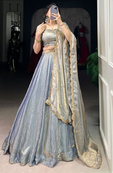 Cloud Grey Thread Embroidered Party Wear Lehenga Choli Set