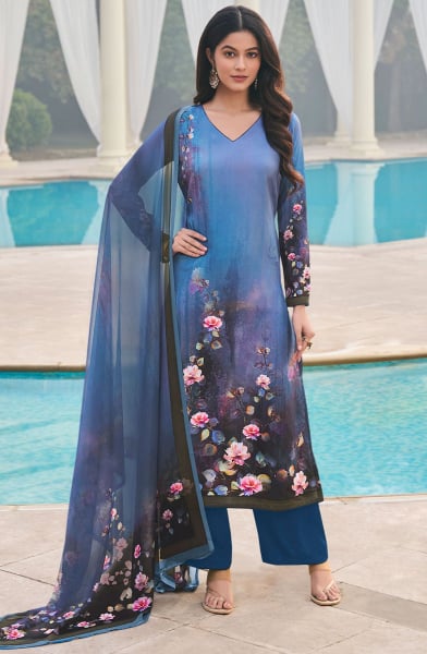 Cobalt Blue and Black Printed Crepe Plus Size Suit