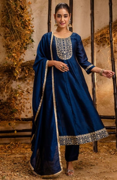 Cobalt Blue Silk Blend Readymade Pant Kameez
