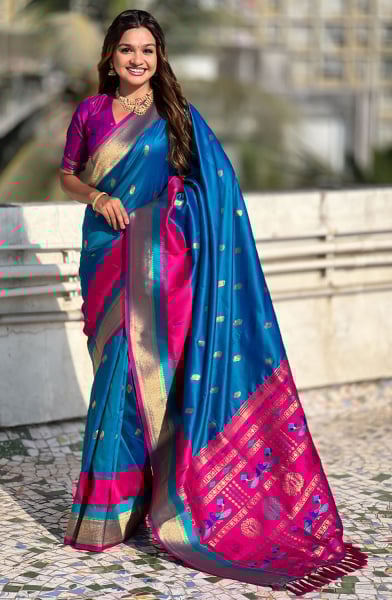 Cobalt Blue Zari Woven Paithani Silk Saree