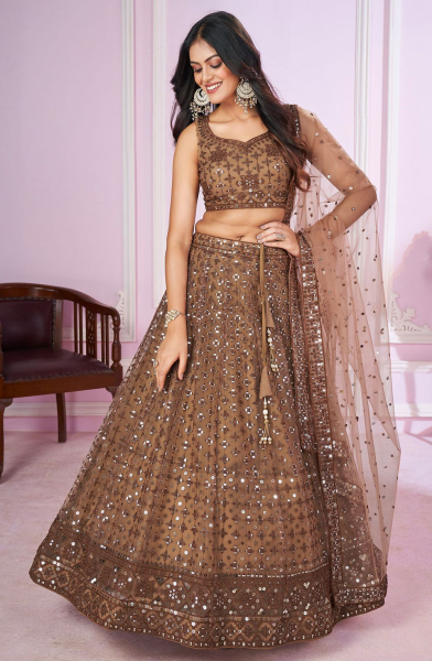Cocoa Brown Sequins Embroidered Net Lehenga Choli