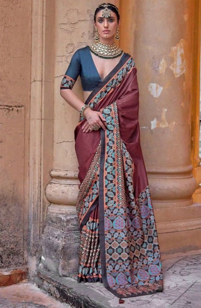 Coffee Brown Ajrakh Print Viscose Silk Saree