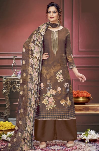 Coffee Brown Digital Print Pure Muslin Palazzo Kameez
