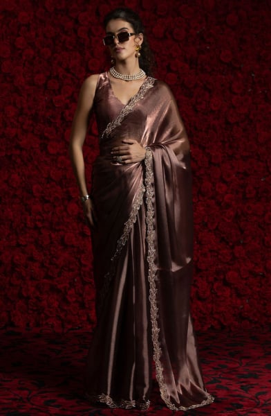 Coffee Brown Embellished Tissue Chiffon Saree