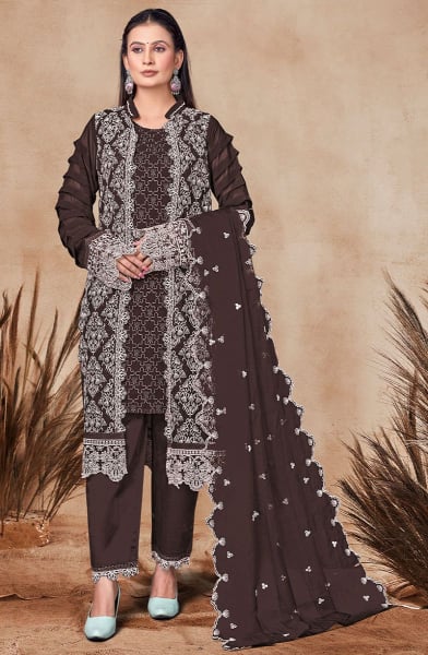 Coffee Brown Embroidered Georgette Pant Kameez with Jacket