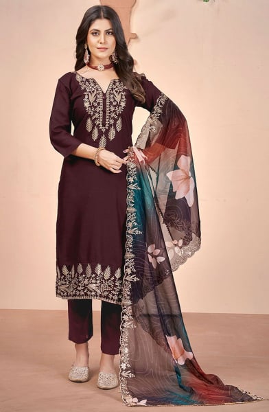 Coffee Brown Embroidered Muslin Pant Kameez
