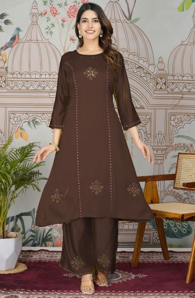 Coffee Brown Embroidered Pure Gaji Silk Kurta Set