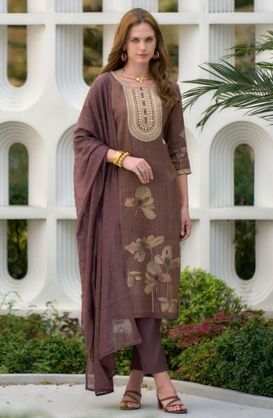 Coffee Brown Embroidered Tissue Readymade Pant Kameez