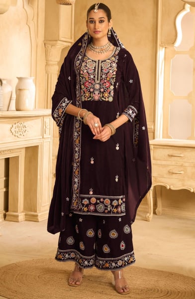 Coffee Brown Embroidered Velvet Palazzo Kameez
