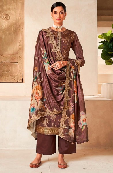 Coffee Brown Embroidered Viscose Dola Silk Trouser Kameez