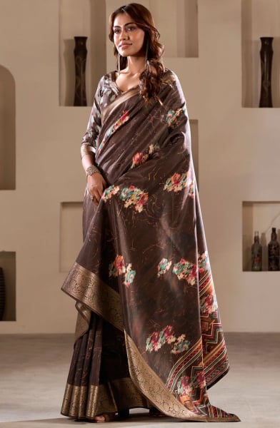 Coffee Brown Foil Print Dola Silk Saree