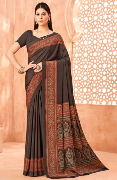 Coffee Brown Printed Silk Crepe Saree