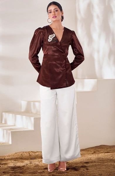 Coffee Brown Pure Gaji Silk Handwork Top