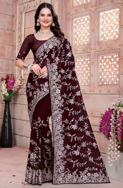 Coffee Brown Resham Embroidered Georgette Saree