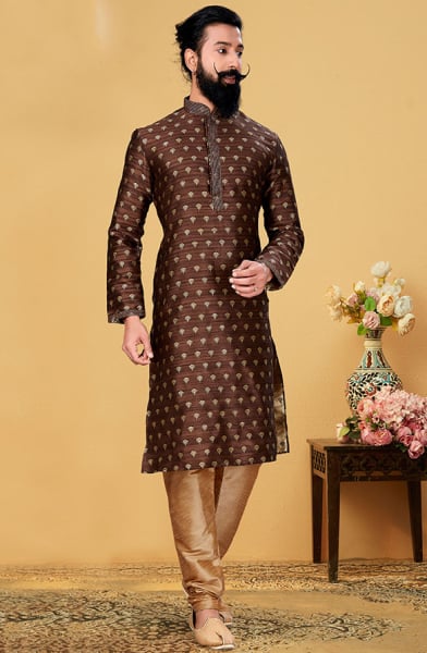 Coffee Brown Silk Butti Kurta Set