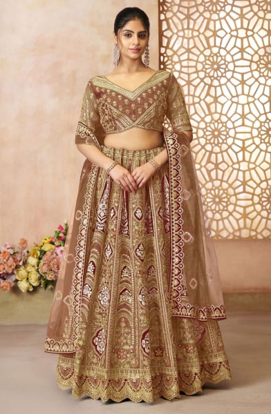 Coffee Brown Zari with Resham Embroidered Designer Lehenga Choli Set