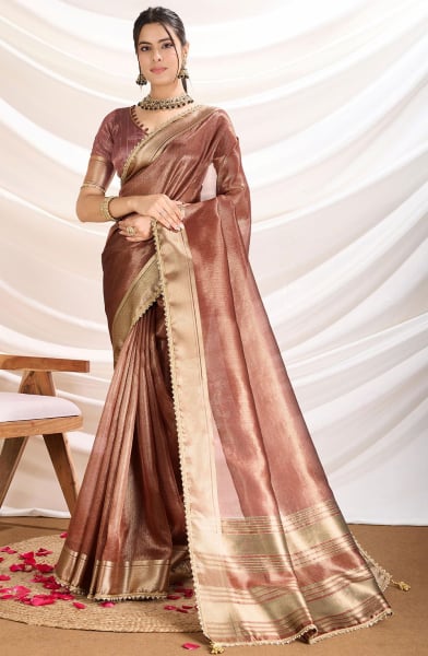 Copper Brown Gold Infused Tissue Linen Saree
