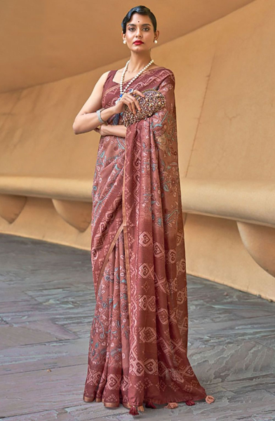 Copper Brown Printed Cotton Party Wear Saree