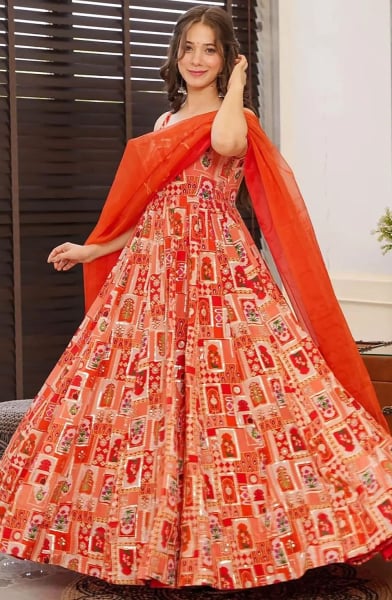 Coral Orange Flared Silk Anarkali Gown with Dupatta