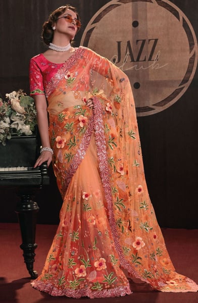 Coral Orange Hand Embroidered Designer Saree