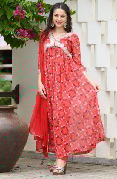 Coral Peach Readymade Georgette Pant Kameez Suit
