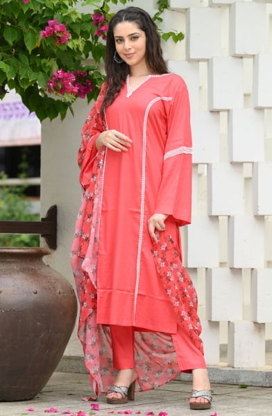 Coral Peach Readymade Rayon Pant Kameez Suit