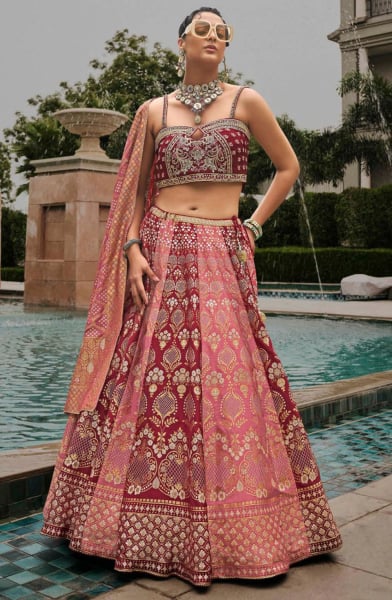 Coral Pink and Golden Silk Readymade Designer Lehenga Choli