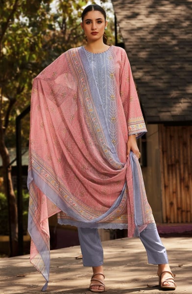 Coral Pink and Lavender Printed Pure Muslin Pant Kameez